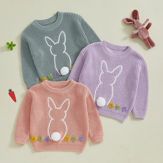 Baby Toddler Girls Sweater Easter Clothes Bunny Rabbit Flower Embroidery Crew Neck Long Sleeve Spring Pullover Top