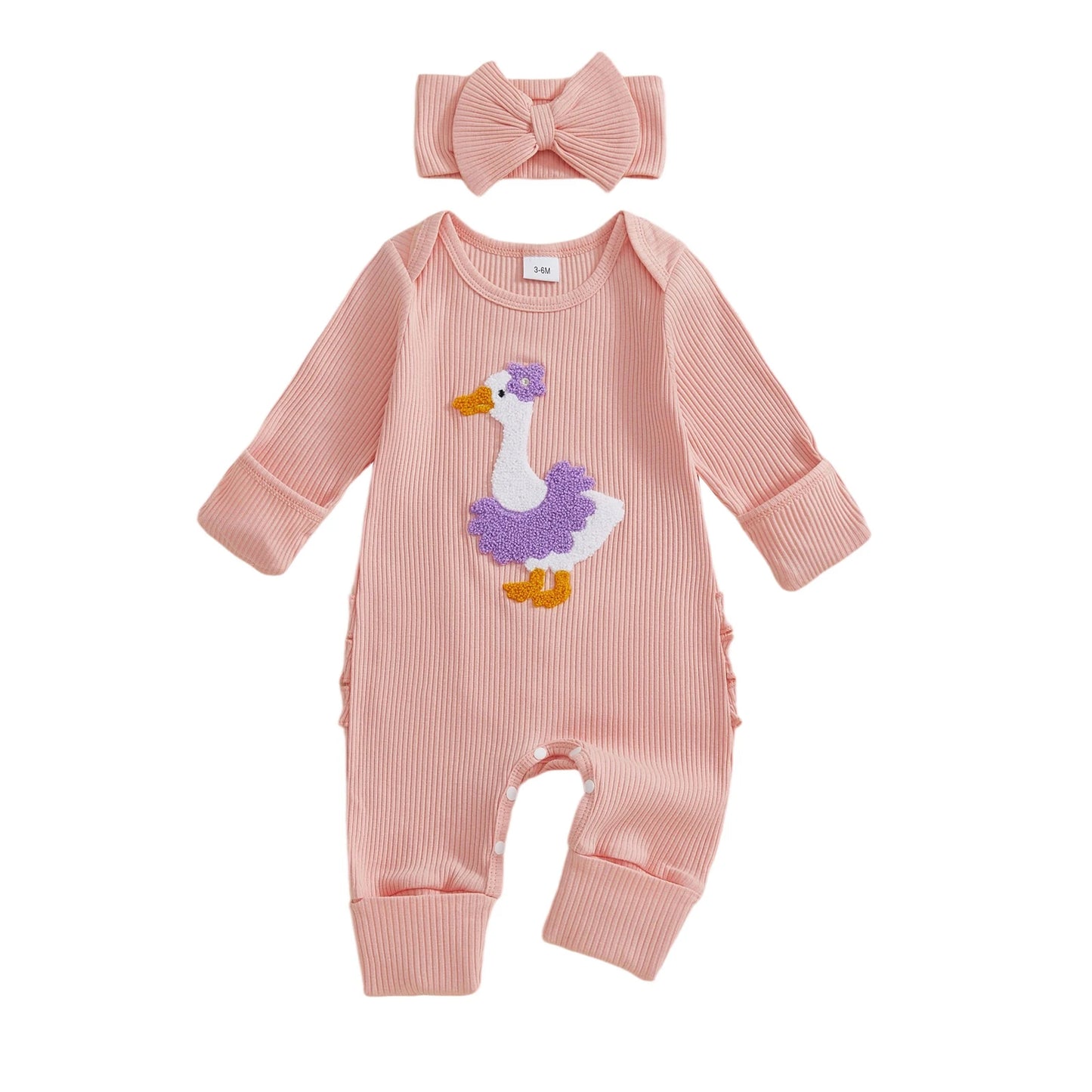 Baby Girl 2Pcs Fall Outfit Golf Goose Bee Print New to the Hive / Club Long Sleeve Ribbed Romper with Bow Headband 2Piece Set