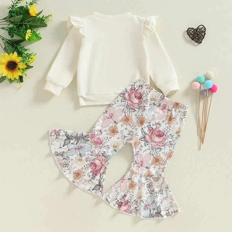 Baby Toddler Girls 2Pcs Outfit Fly Long Sleeve Round Neck Top Floral Flower / Butterfly / Strawberry Print Flared Pants Set