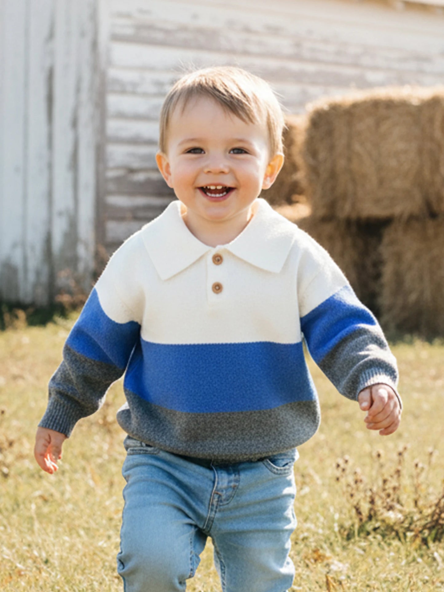 Baby Toddler Boy Sweater Lapel Collar Long Sleeve Patchwork Upper Button Down Pullover Warm Knit Tops