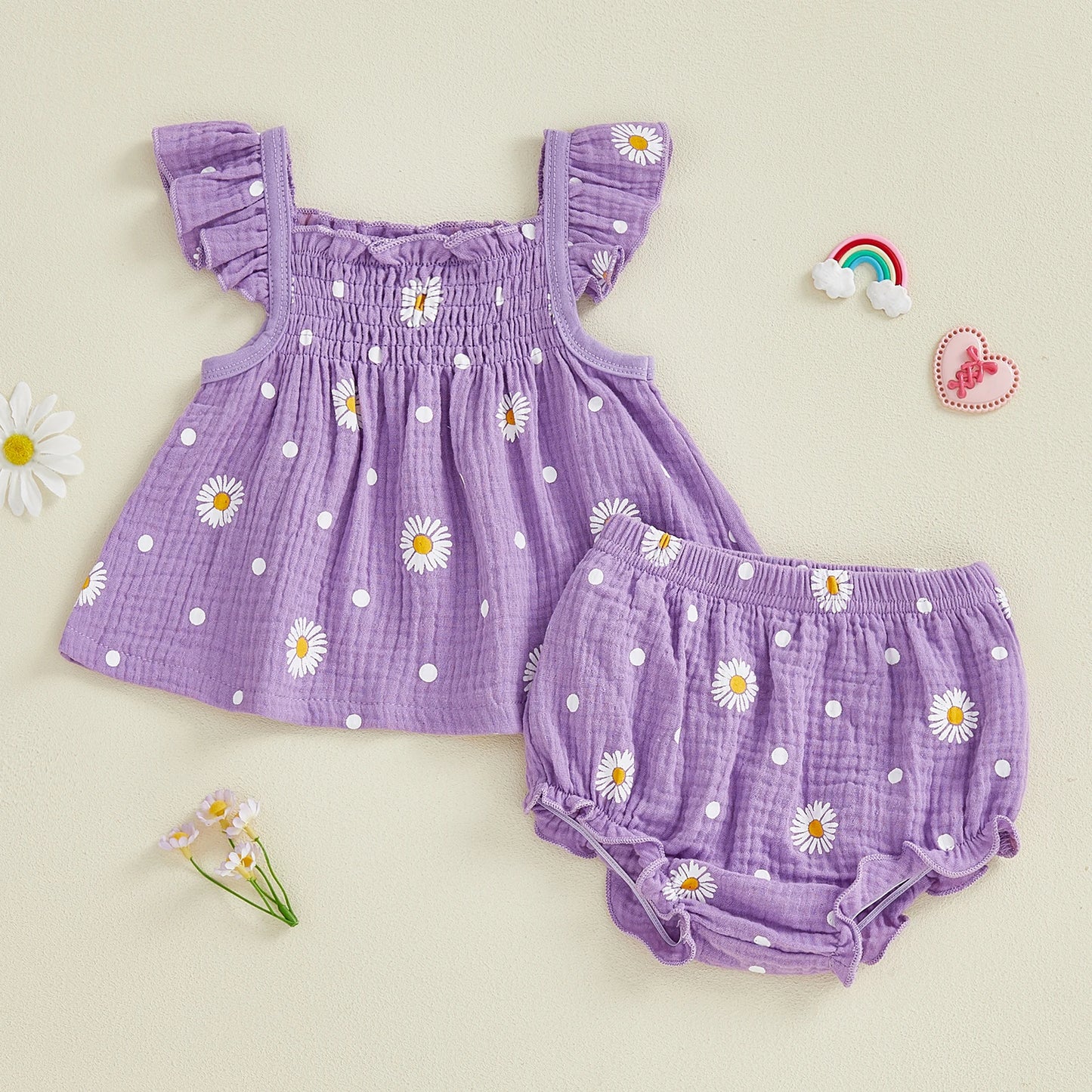 Baby Toddler Girls 2Pcs Summer Outfit Sleeveless Square Collar Daisy Print Ruffled Top and Bloomers Shorts 2 Piece Set