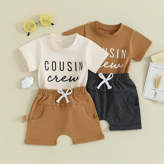 Toddler Baby Boy Girl 2Pcs Family Matching Cousin Crew Short Sleeve Letter Print Top + Elastic Waist Shorts Outfit Set