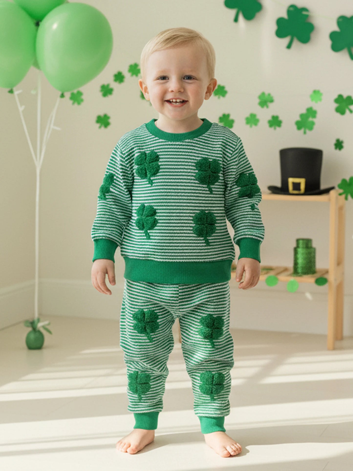 Baby Toddler Boy 2Pcs Spring Outfit Four-Leaf Clover Embroidery Long Sleeve O-Neck Pullover + Elastic Waist Stripe Pants St. Patrick's Day Jogger Set