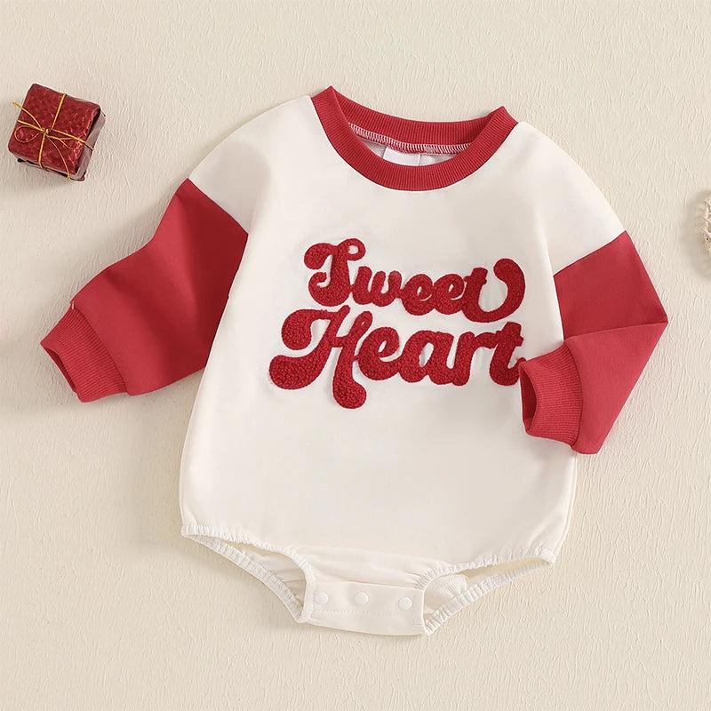 Baby Girls Boys Sweet Heart Valentine's Day Romper Long Sleeve O Neck Letter Embroidery Raglan Bubble Romper Valentines