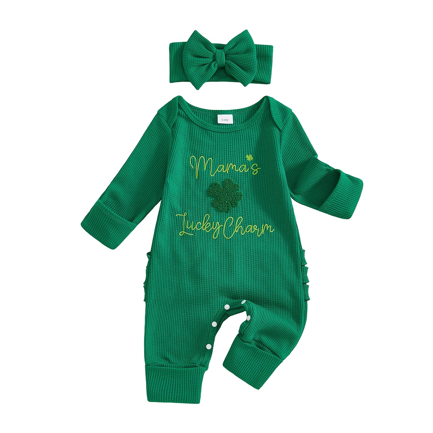 Baby Girl 2Pcs My First St. Patrick's Day Spring Romper Long Sleeve O Neck Letter Clover Embroidery Jumpsuit with Headband Set