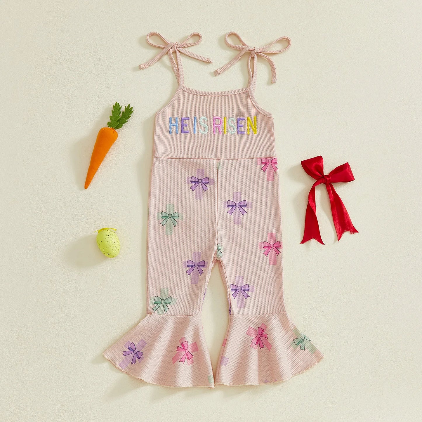 Baby Toddler Girls Easter Jumpsuit Eggstra Bell Bottoms Letter Easter Egg Bunny Bow Pattern Sleeveless Overalls Romper