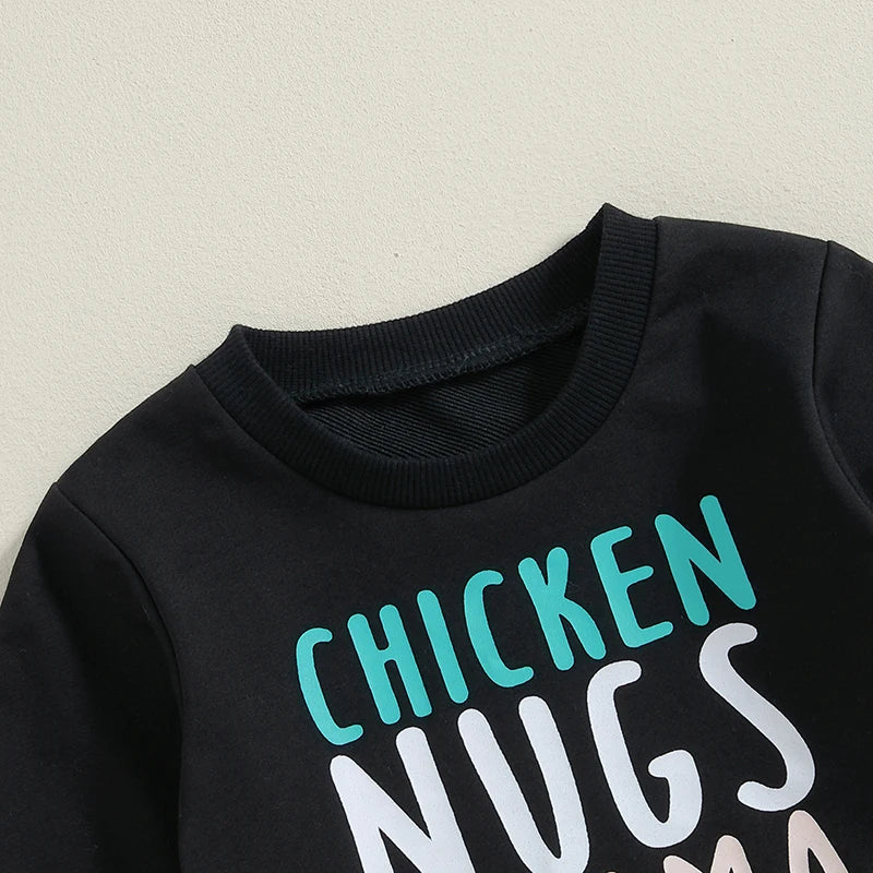 Baby Toddler Boys 2Pcs Chicken Nugs & Mama Hugs Autumn Outfit Long Sleeve Crew Neck Letter Print Top Chicken Print Pants Set