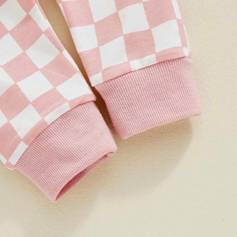 Baby Toddler Girls 2Pcs Fall Sets Long Sleeve O Neck Checkerboard Print Top Drawstring Pants Jogger Set