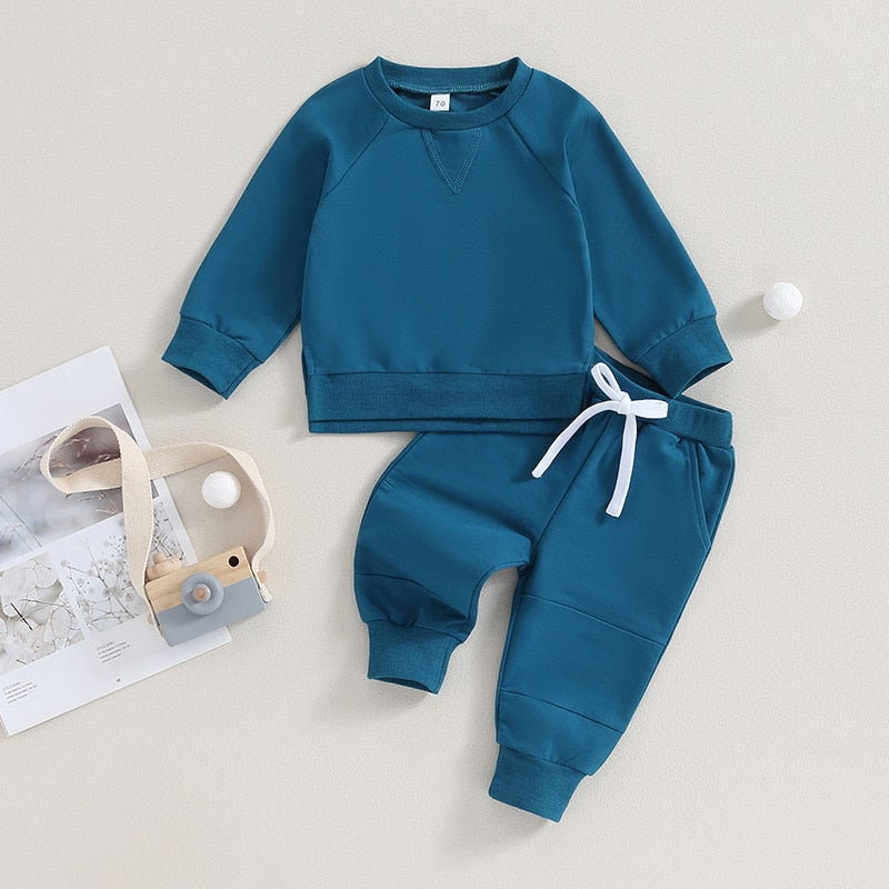 Toddler Baby Boys Girls 2Pcs Fall Outfits Long Sleeve Split Hem Tops Pocket Pants Solid Color Clothes Sets