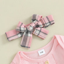 Load image into Gallery viewer, Baby Girls 3Pcs Clothes Sets Solid Color Buttons Long Sleeve Rompers Plaid Pants Bow Headband
