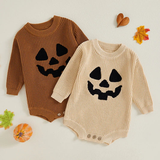 Baby Toddler Boys Girls Halloween Sweater Romper Casual Pumpkin Embroidery Long Sleeve Knit Jumpsuit