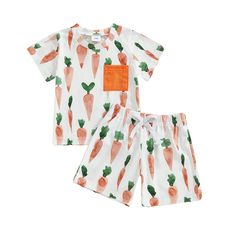 Baby Toddler Boys 2Pcs Easter Set Adorable Carrot Print Short Sleeve Round Neck Top Elastic Waistband Shorts Outfit