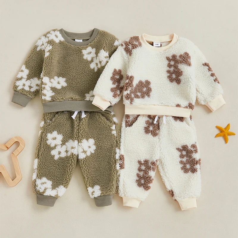 Baby Toddler Girls 2Pcs Fall Outfit Floral Flowers Pattern Fuzzy Long Sleeve Top and Elastic Pants Set