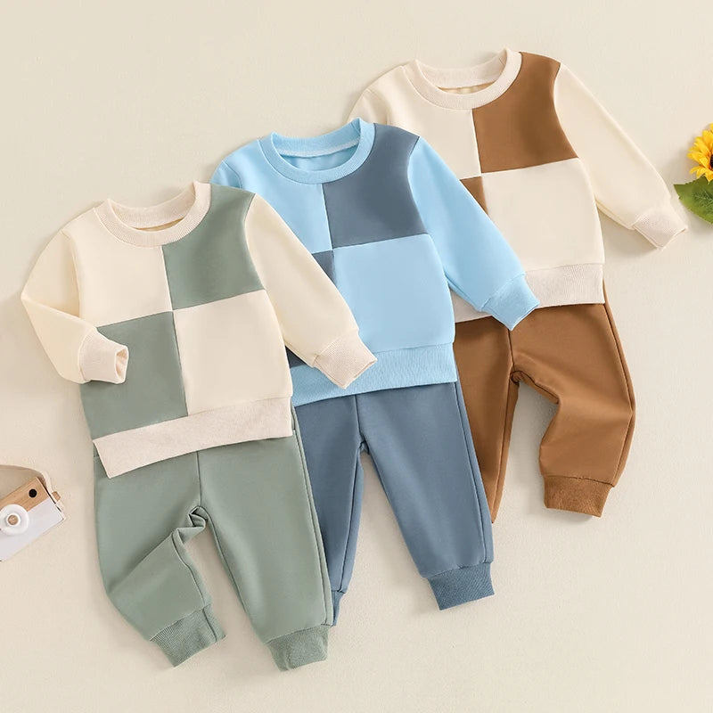 Baby Toddler Boys 2Pcs Fall Outfit Long Sleeve Contrast Color Crewneck Top + Solid Pants Set