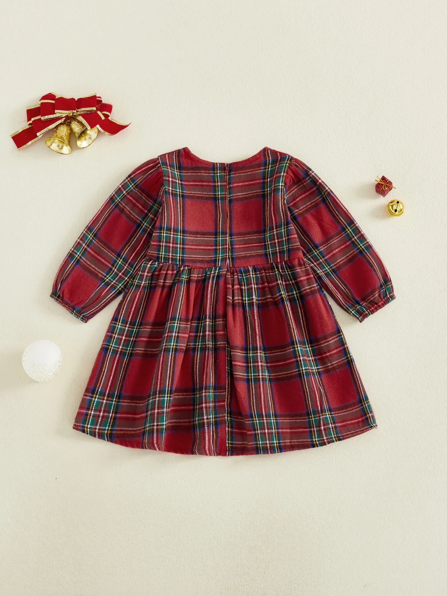 Toddler Kids Girls Sweet Plaid Dress Christmas Long Puff Sleeve Round Neck  A-line Dress