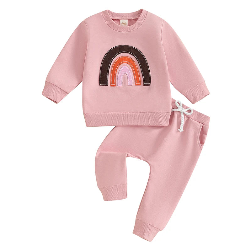 Baby Toddler Girls 2Pcs Outfit Long Sleeve Crew Neck Rainbow Top with Elastic Waist Jogger Pants Set