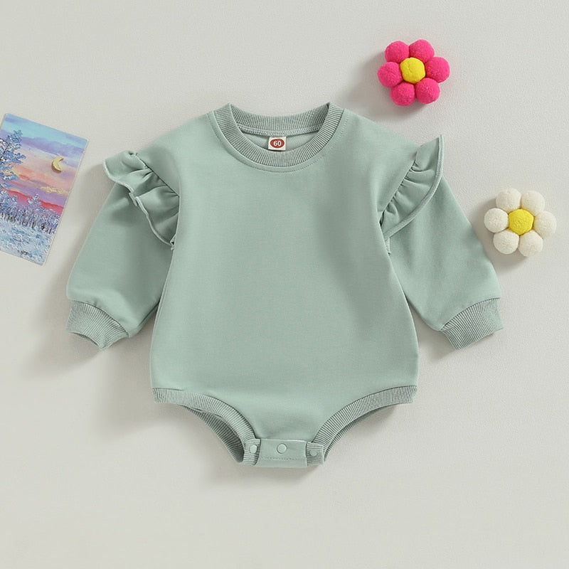 Baby Boy Girl Bodysuit Ruffle Long Sleeve Round Neck Solid Color Jumpsuit Romper