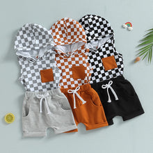 Load image into Gallery viewer, Toddler Baby Boy 2Pcs Summer Outfits Checkerboard Print Tank Top Hoodie and Harem Shorts
