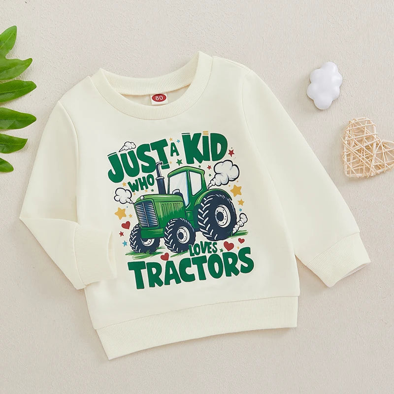 Baby Toddler Boys Just A Kid Who Likes Tractors Print Long Sleeve Crew Neck Pullover Fall Top