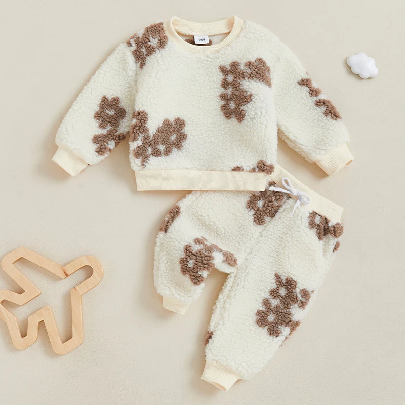 Baby Toddler Girls 2Pcs Fall Outfit Floral Flowers Pattern Fuzzy Long Sleeve Top and Elastic Pants Set