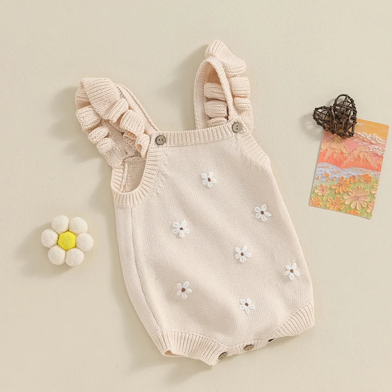 Baby Toddler Girls Knitted Romper Spring Summer Ruffles Floral Embroidery Flowers Jumpsuits Playsuits Clothes