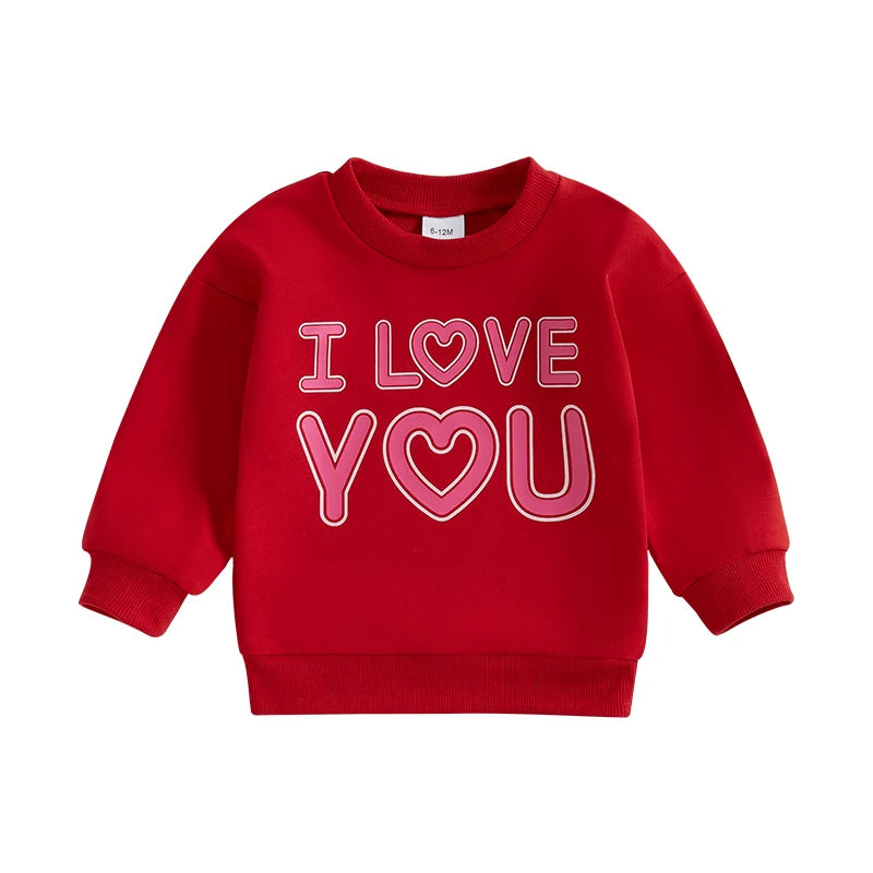 Baby Toddler Girls Valentine’s Day Long Sleeve Valentines University Cupid / I Love You Heart Letter Print Pullover Top