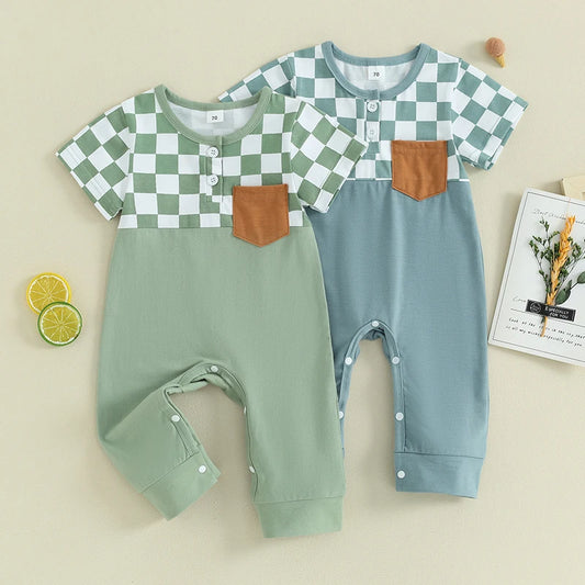 Baby Boys Romper Short Sleeve Crew Neck Checkerboard Print Pocket Casual Jumpsuit