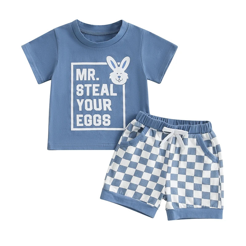 Baby Toddler Boys 2Pcs Mr. Steal Your Eggs Easter Outfit Letter Bunny Rabbit Short Sleeve T-Shirt Top Checkered Shorts Spring Set