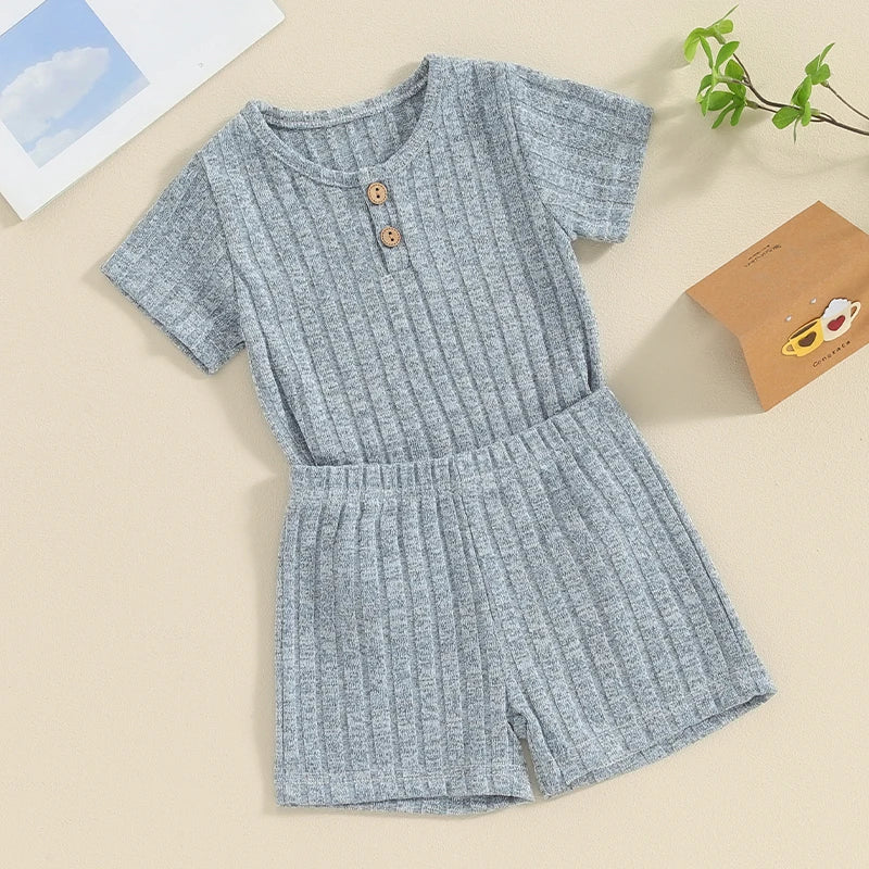 Baby Toddler Boy Girl 2Pcs Summer Clothes Plain Color Ribbed Knit Short Sleeve Button Top Elastic Waist Shorts Set Casual