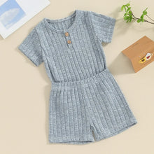 Load image into Gallery viewer, Baby Toddler Boy Girl 2Pcs Summer Clothes Plain Color Ribbed Knit Short Sleeve Button Top Elastic Waist Shorts Set Casual
