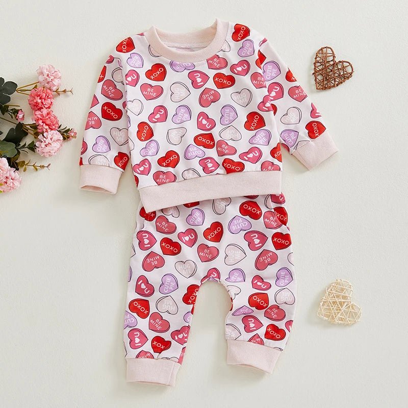 Baby Toddler Boys Girls 2Pcs Valentine's Day Outfit Heart Letter XOXO Love Long Sleeve Crewneck Top and Elastic Pants Valentines Jogger Set