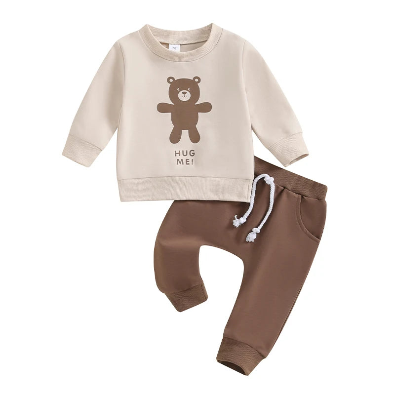 Baby Toddler Boys Girls 2Pcs Outfits Bear Letter Hug Me Print Crew Neck Long Sleeve Top and Long Pants Set