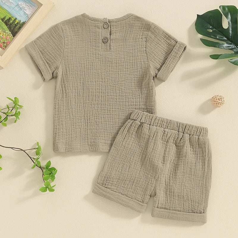 Baby Toddler Boys Girls 2Pcs Summer Clothes Set Solid Cotton Linen Pocket Short Sleeve Top + Button Pocket Shorts Beach Casual Outfit