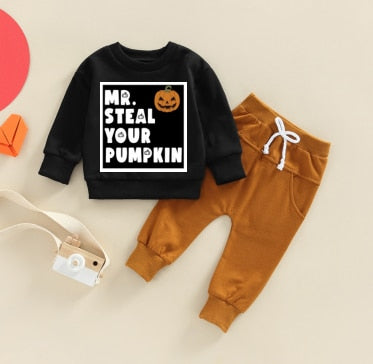 Toddler Baby Boy 2Pcs Halloween Mr Steal Your Pumpkin Long Sleeve Printed Top Solid Pant Fall Outfit Set
