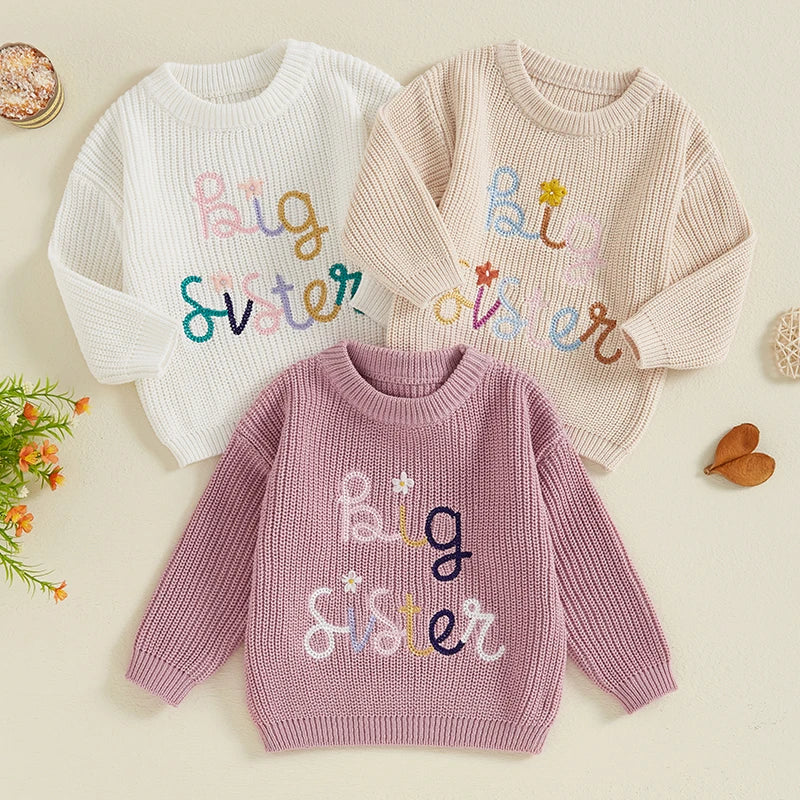 Baby Toddler Kids Girls Big Sister Fall Winter Sweater Casual Letter Flower Embroidery Crew Neck Long Sleeve Pullover Top