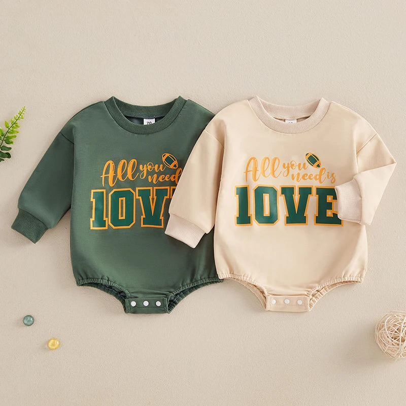 Baby Boys Girls All You Need Is Love 10VE Bubble Romper Football Letter Print Long Sleeve Round Neck Fall Jumpsuit