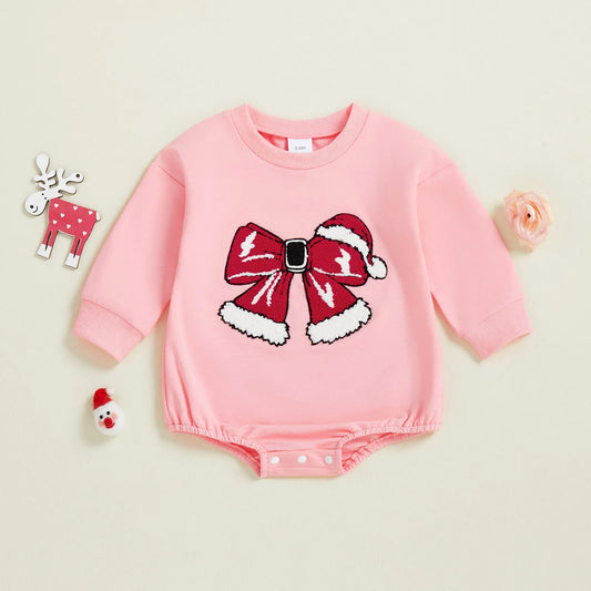 Baby Girl Christmas Romper Bow Embroidered Crewneck Long Sleeve Top Jumpsuit Cute Winter Fall Clothes