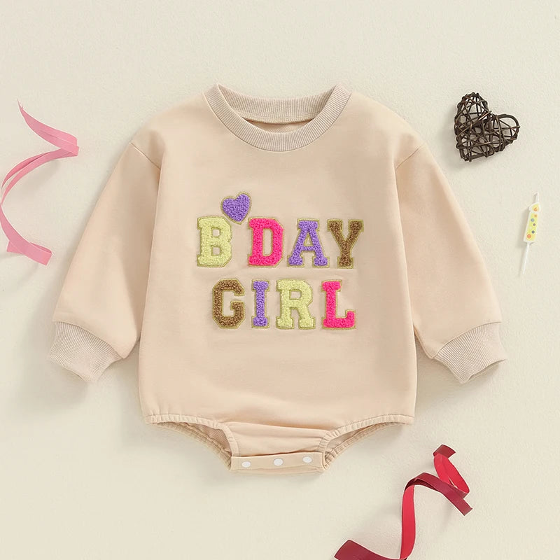 Baby Girl Boy BDAY GIRL / BOY Birthday Romper First Birthday Long Sleeve Round Neck Letter Embroidery Bodysuit Playsuit