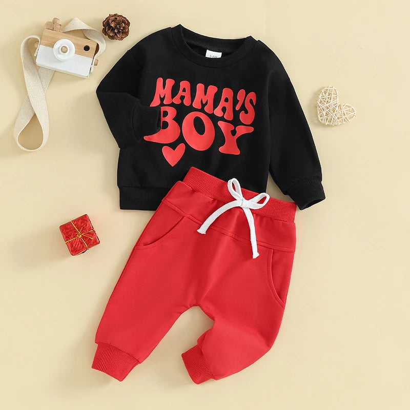 Baby Toddler Boy 2Pcs Valentine's Day Outfit Mama's Boy Heart Print Crewneck Top Jogger Pants Set