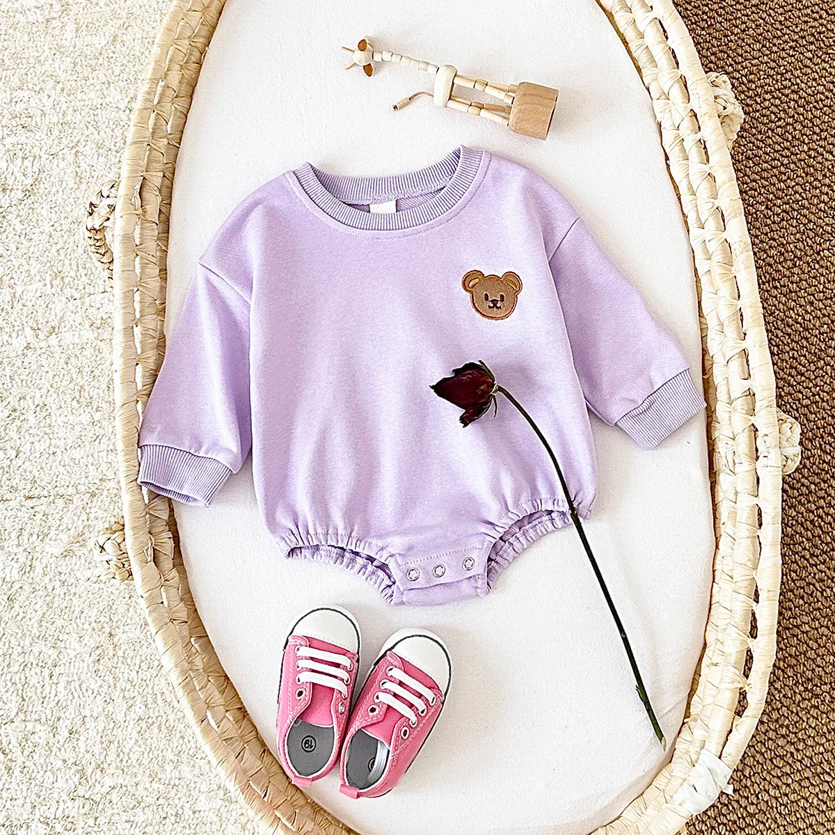 Baby Boys Girls Bubble Romper Long Sleeve Bear Embroidery Bodysuit