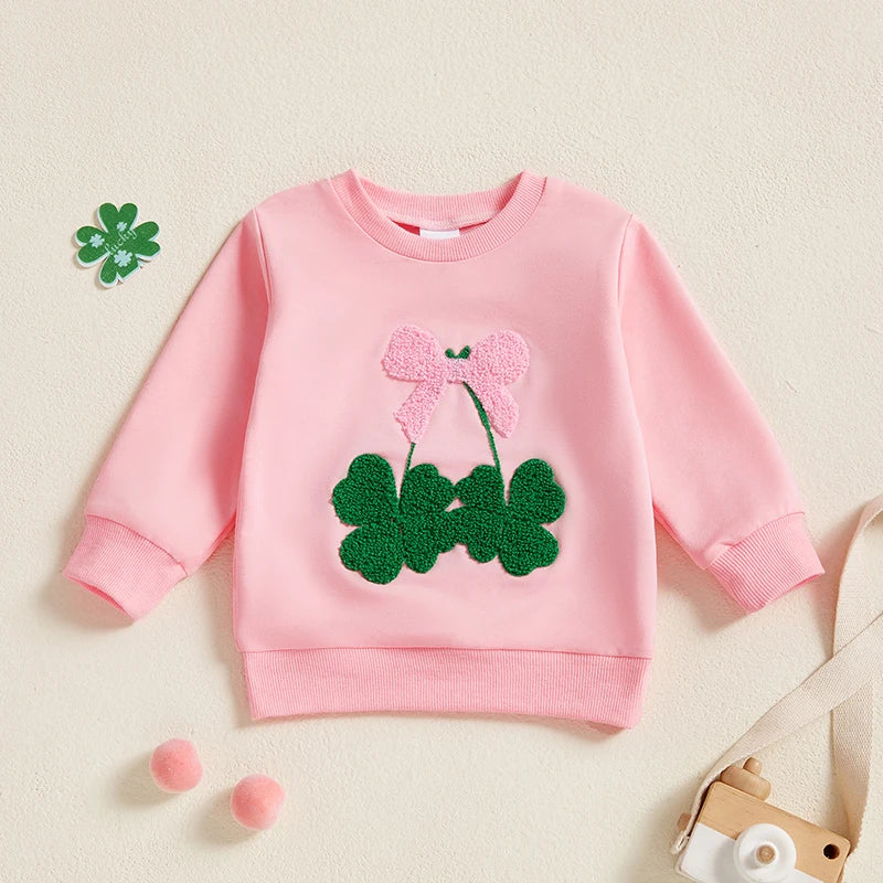 Baby Toddler Girls St. Patrick's Day Irish Bow Four Leaf Clover Embroidery Long Sleeve Pullover Top Casual Spring Clothes