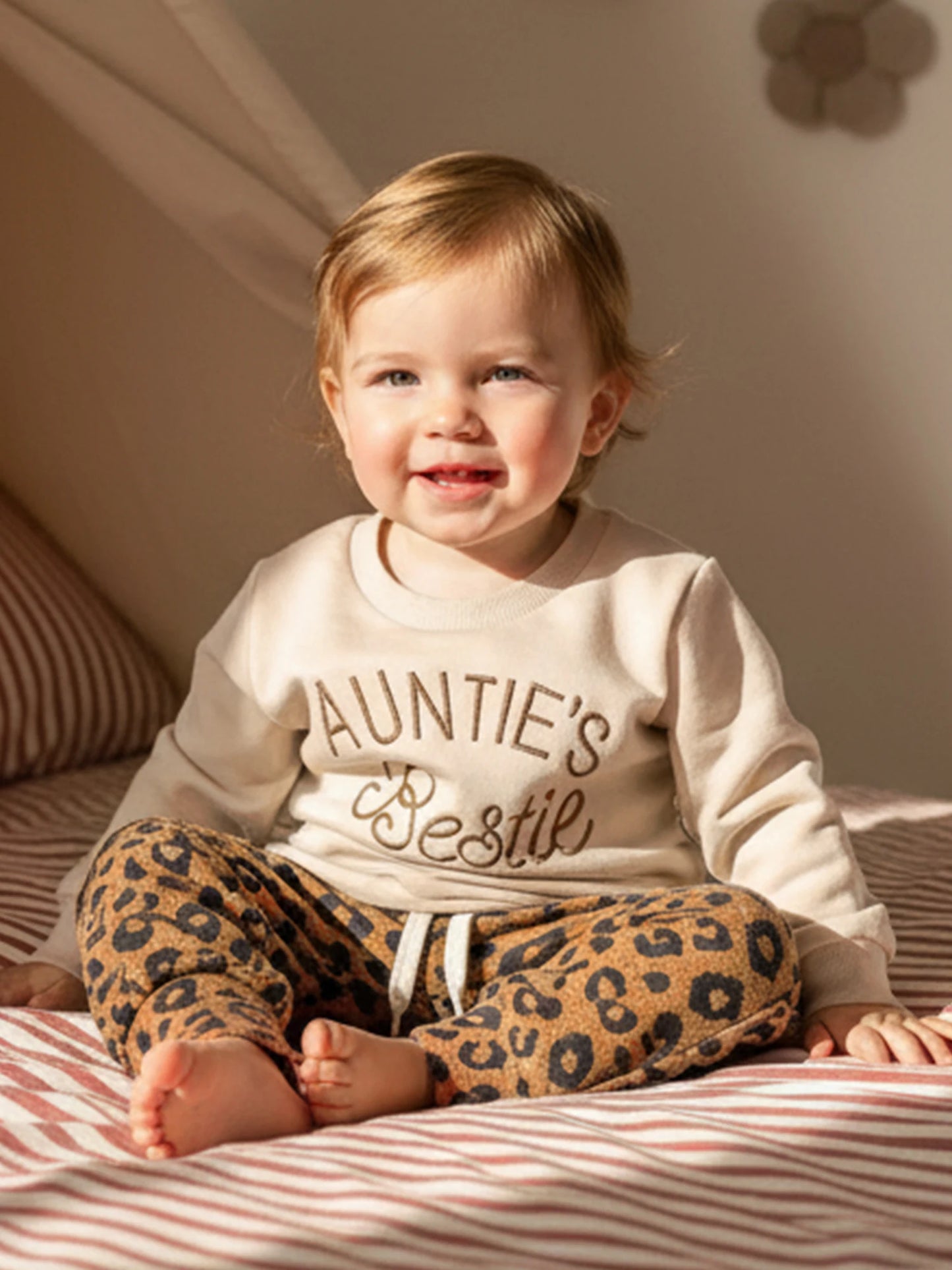 Baby Toddler Girls 2Pcs Auntie's Bestie Spring Outfit Letter Embroidery Long Sleeve Round Neck Pullover Top + Leopard Pants Jogger Set