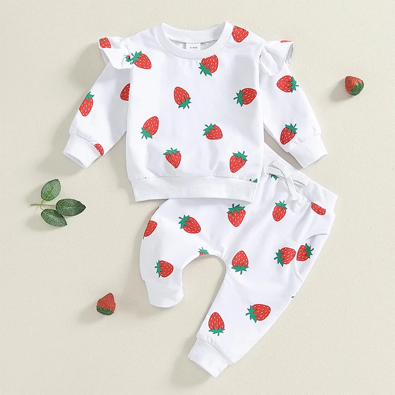 Baby Toddler Girls 2Pcs Outfit Strawberry Print Long Sleeve Crew Neck Top with Elastic Waist Pants Fall Set