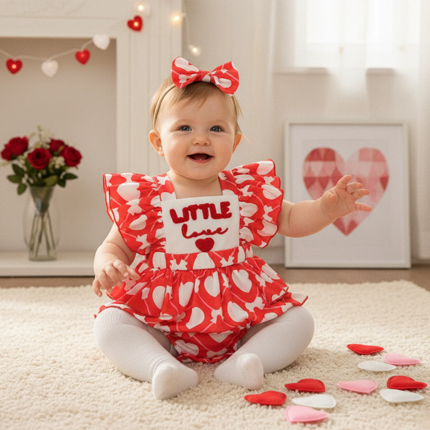 Baby Girls 2Pcs Little Love Valentine's Day Romper Flutter Sleeve Letter Embroidery Heart Print Jumpsuits with Bow Headband Set