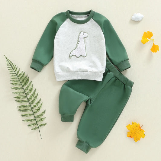 Baby Toddler Boy 2Pcs Fall Outfits Dinosaur Embroidery Long Sleeve Round Neck Pullover Top Elastic Waist Solid Pants 2 Pcs Jogger Set