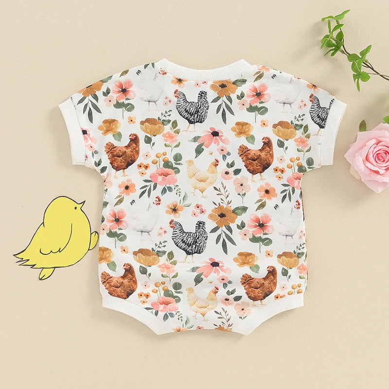 Baby Girls Romper Floral Farm Hen Chicken Flower Print Round Neck Short Sleeve Jumpsuits Casual Clothes