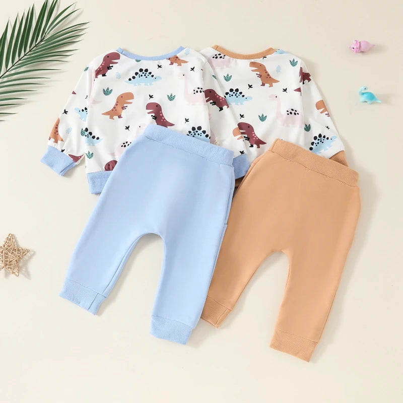 Baby Toddler Boys 2Pcs Fall Outfit Long Sleeve Dinosaur Print Top + Pants Set