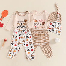 Load image into Gallery viewer, Baby Toddler Boys Girls 3Pcs My First Thanksgiving / Gobble Outfit Letter Turkey Print Long Sleeve Romper Long Pants Hat 3Pcs Clothes Set
