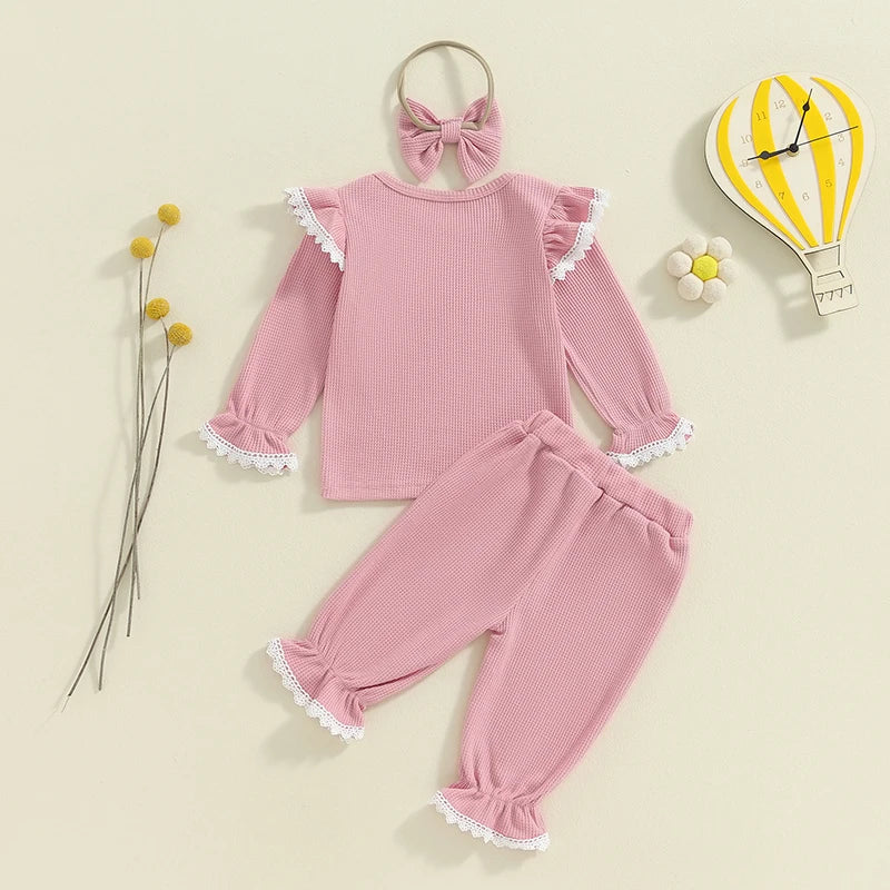 Baby Toddler Girls 3Pcs Waffle Set Lace Trim Long Sleeve Ruffled Top Elastic Waist Long Pants Hairband Outfit