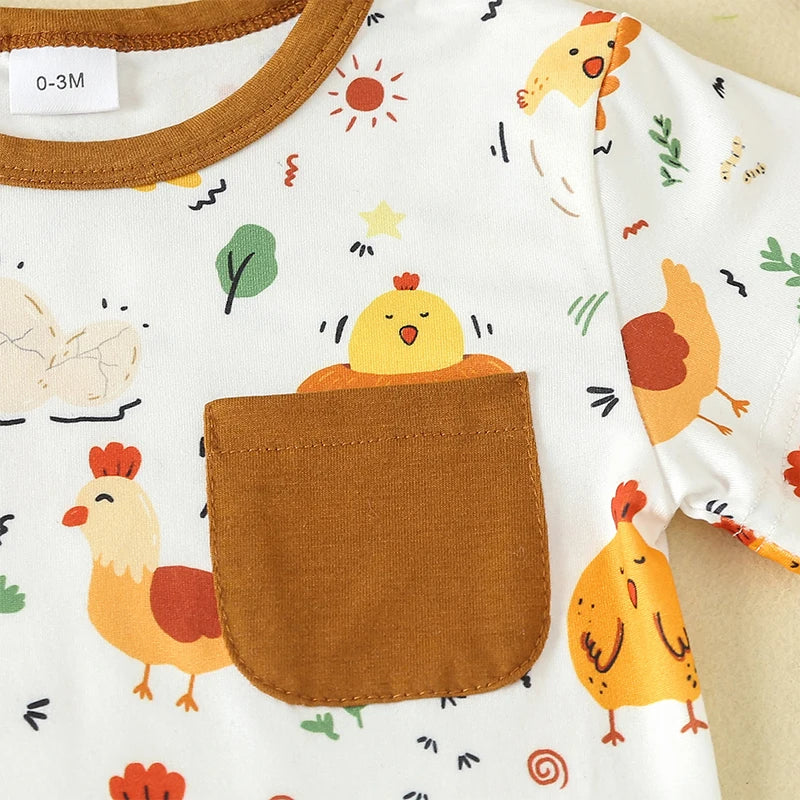 Baby Toddler Boy Girl 2Pcs Spring Summer Clothes Cute Farm Animals Chicken Chick Tractor Print Outfit Set Short Sleeve Cartoon Top and Shorts